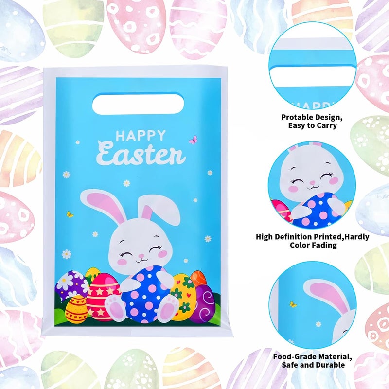 PERFQU 40 Pcs Happy Easter Gift Bags with handles - Spring Bunny Plastic Tote Bags, Blue Reusable Snack Treat Goody Candy Bag - Easter Cute Rabbit Party Favor Bags for Kids Eggs Hunt Party Supplies - Image 3